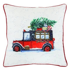 Polštář sametový s výplní, bílý - vánoční auto, 100% polyester, 45 x 45 cm. UBR100-1