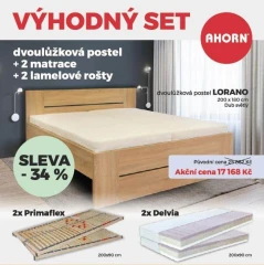 Postel Lorano 180x200 dub světlý + rošty Primaflex + matrace Delvia - AKČNÍ SET č.1