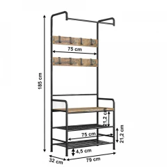 Věšák s botníkem, černý kov/MDFrustikální dřevo, KELAM