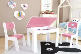 Dětský stůl s úložným prostorem a židlemi Srdce - růžové DSBH0617